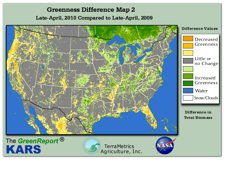 Color-coded U.S. vegetation greeness index map for Period 17 of 2010, illustrating spatial variations in plant vigor, with greener tones indicating higher biomass and browner tones indicating stressed vegetation,
              comparing current crop/vegetation change in biomass to same period from the previous year.