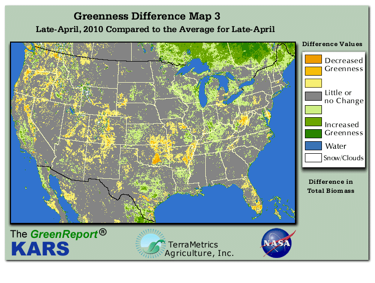 Color-coded U.S. vegetation greeness index map for Period 17 of 2010, illustrating spatial variations in plant vigor, with greener tones indicating higher biomass and browner tones indicating stressed vegetation,
              comparing current crop/vegetation change in biomass to the 20-year greenness average.