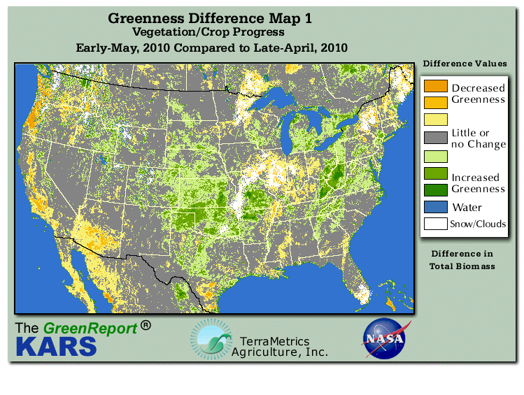 Color-coded U.S. vegetation greeness index map for Period 18 of 2010, illustrating spatial variations in plant vigor, with greener tones indicating higher biomass and browner tones indicating stressed vegetation,
              comparing current crop/vegetation change in biomass to the previous week within the same year.
