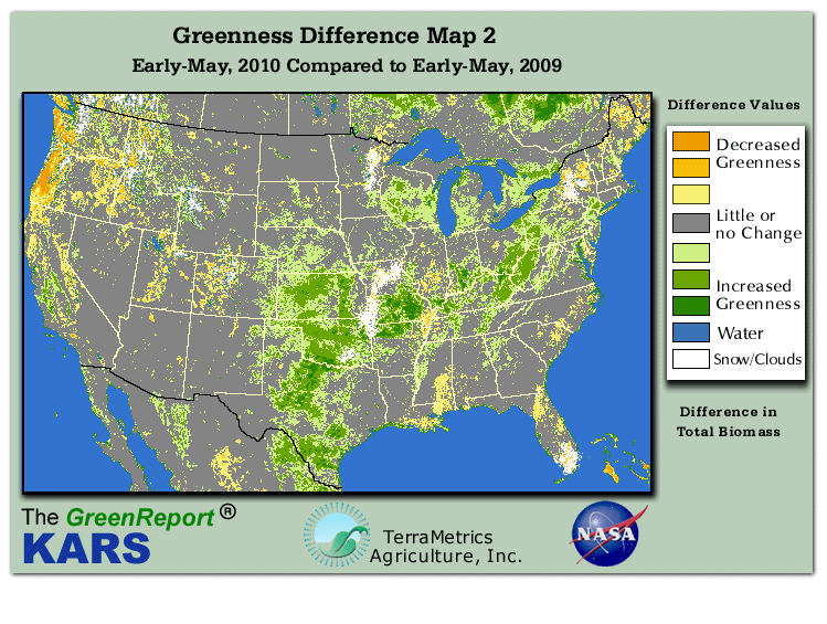 Color-coded U.S. vegetation greeness index map for Period 18 of 2010, illustrating spatial variations in plant vigor, with greener tones indicating higher biomass and browner tones indicating stressed vegetation,
              comparing current crop/vegetation change in biomass to same period from the previous year.
