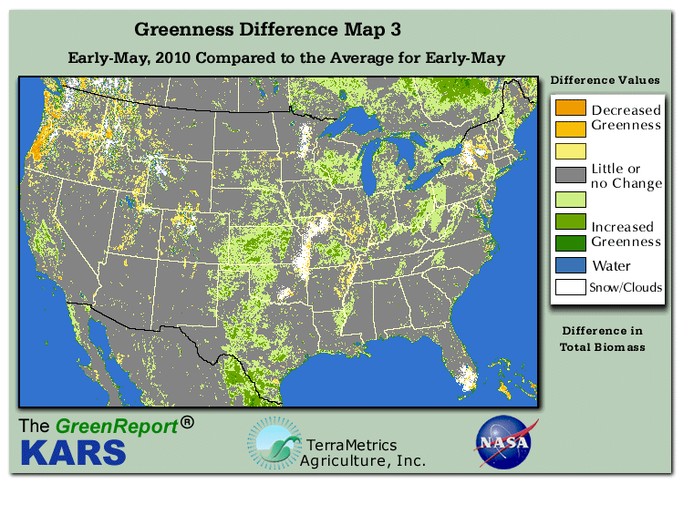 Color-coded U.S. vegetation greeness index map for Period 18 of 2010, illustrating spatial variations in plant vigor, with greener tones indicating higher biomass and browner tones indicating stressed vegetation,
              comparing current crop/vegetation change in biomass to the 20-year greenness average.