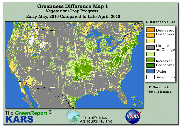Color-coded U.S. vegetation greeness index map for Period 19 of 2010, illustrating spatial variations in plant vigor, with greener tones indicating higher biomass and browner tones indicating stressed vegetation,
              comparing current crop/vegetation change in biomass to the previous week within the same year.