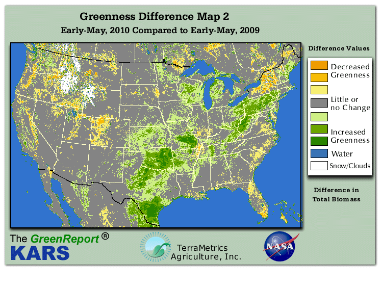 Color-coded U.S. vegetation greeness index map for Period 19 of 2010, illustrating spatial variations in plant vigor, with greener tones indicating higher biomass and browner tones indicating stressed vegetation,
              comparing current crop/vegetation change in biomass to same period from the previous year.