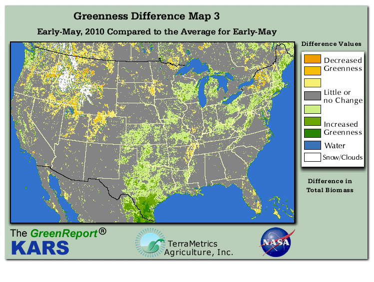 Color-coded U.S. vegetation greeness index map for Period 19 of 2010, illustrating spatial variations in plant vigor, with greener tones indicating higher biomass and browner tones indicating stressed vegetation,
              comparing current crop/vegetation change in biomass to the 20-year greenness average.