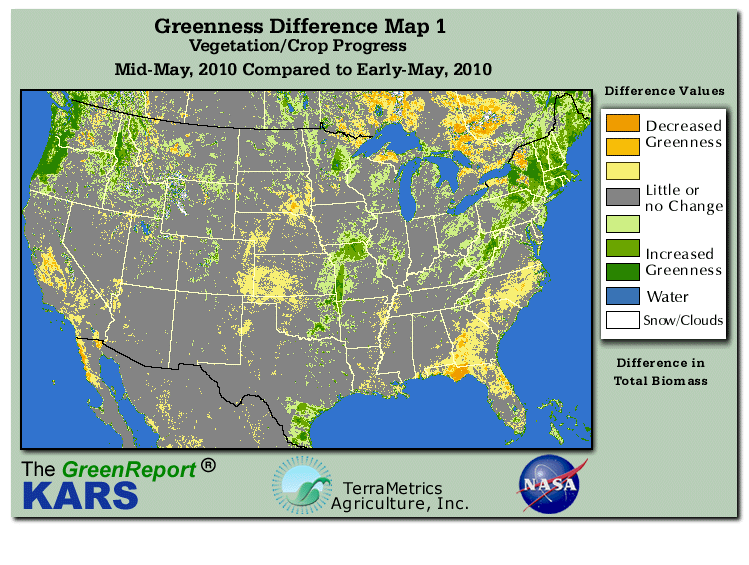 Color-coded U.S. vegetation greeness index map for Period 20 of 2010, illustrating spatial variations in plant vigor, with greener tones indicating higher biomass and browner tones indicating stressed vegetation,
              comparing current crop/vegetation change in biomass to the previous week within the same year.