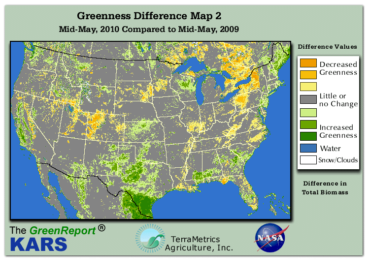 Color-coded U.S. vegetation greeness index map for Period 20 of 2010, illustrating spatial variations in plant vigor, with greener tones indicating higher biomass and browner tones indicating stressed vegetation,
              comparing current crop/vegetation change in biomass to same period from the previous year.