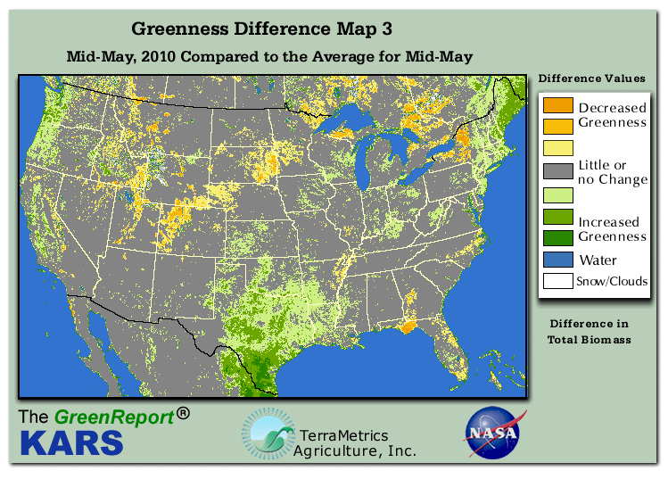 Color-coded U.S. vegetation greeness index map for Period 20 of 2010, illustrating spatial variations in plant vigor, with greener tones indicating higher biomass and browner tones indicating stressed vegetation,
              comparing current crop/vegetation change in biomass to the 20-year greenness average.