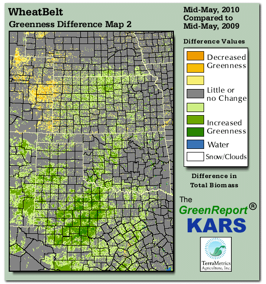 Color-coded Wheat Belt vegetation greeness index map for Period 20 of 2010, illustrating spatial variations in plant vigor, with greener tones indicating higher biomass and browner tones indicating stressed vegetation,
              comparing current crop/vegetation change in biomass to same period from the previous year.