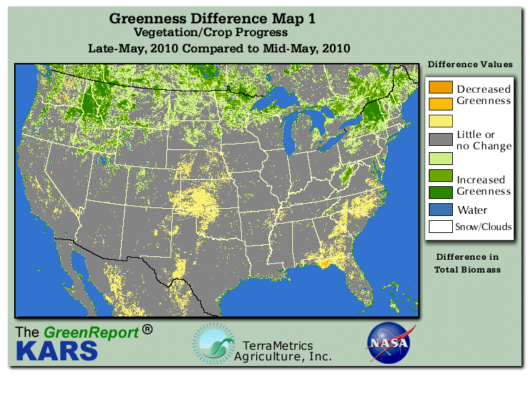 Color-coded U.S. vegetation greeness index map for Period 21 of 2010, illustrating spatial variations in plant vigor, with greener tones indicating higher biomass and browner tones indicating stressed vegetation,
              comparing current crop/vegetation change in biomass to the previous week within the same year.