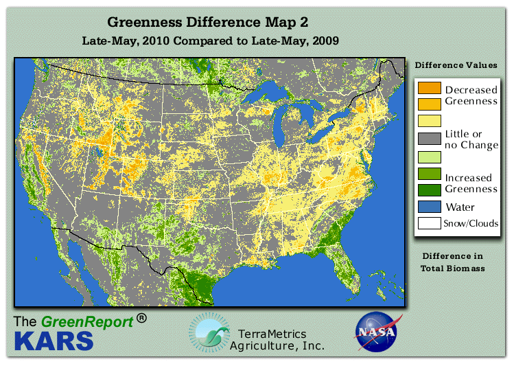 Color-coded U.S. vegetation greeness index map for Period 21 of 2010, illustrating spatial variations in plant vigor, with greener tones indicating higher biomass and browner tones indicating stressed vegetation,
              comparing current crop/vegetation change in biomass to same period from the previous year.