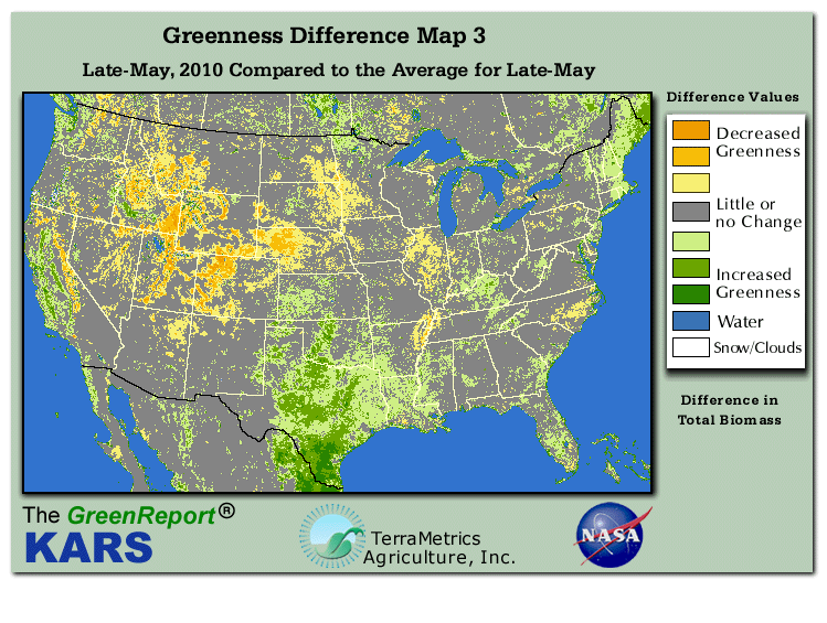 Color-coded U.S. vegetation greeness index map for Period 21 of 2010, illustrating spatial variations in plant vigor, with greener tones indicating higher biomass and browner tones indicating stressed vegetation,
              comparing current crop/vegetation change in biomass to the 20-year greenness average.