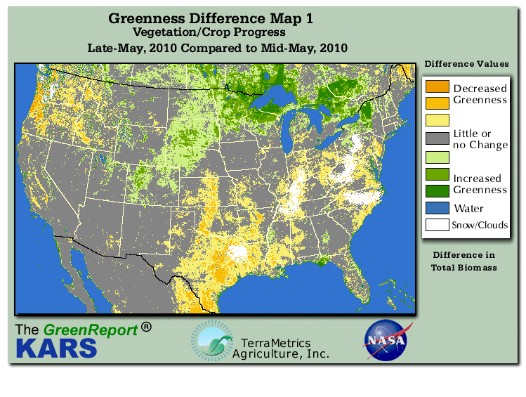 Color-coded U.S. vegetation greeness index map for Period 22 of 2010, illustrating spatial variations in plant vigor, with greener tones indicating higher biomass and browner tones indicating stressed vegetation,
              comparing current crop/vegetation change in biomass to the previous week within the same year.