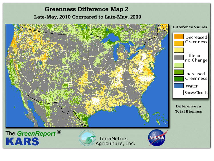 Color-coded U.S. vegetation greeness index map for Period 22 of 2010, illustrating spatial variations in plant vigor, with greener tones indicating higher biomass and browner tones indicating stressed vegetation,
              comparing current crop/vegetation change in biomass to same period from the previous year.