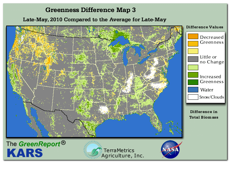 Color-coded U.S. vegetation greeness index map for Period 22 of 2010, illustrating spatial variations in plant vigor, with greener tones indicating higher biomass and browner tones indicating stressed vegetation,
              comparing current crop/vegetation change in biomass to the 20-year greenness average.