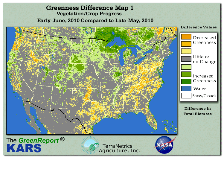 Color-coded U.S. vegetation greeness index map for Period 23 of 2010, illustrating spatial variations in plant vigor, with greener tones indicating higher biomass and browner tones indicating stressed vegetation,
              comparing current crop/vegetation change in biomass to the previous week within the same year.