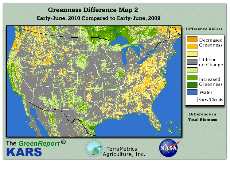 Color-coded U.S. vegetation greeness index map for Period 23 of 2010, illustrating spatial variations in plant vigor, with greener tones indicating higher biomass and browner tones indicating stressed vegetation,
              comparing current crop/vegetation change in biomass to same period from the previous year.