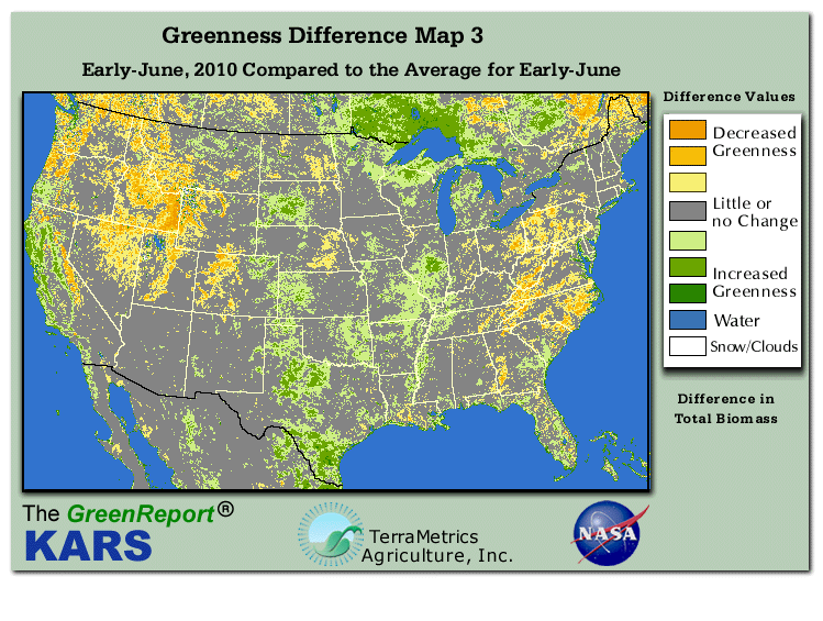Color-coded U.S. vegetation greeness index map for Period 23 of 2010, illustrating spatial variations in plant vigor, with greener tones indicating higher biomass and browner tones indicating stressed vegetation,
              comparing current crop/vegetation change in biomass to the 20-year greenness average.