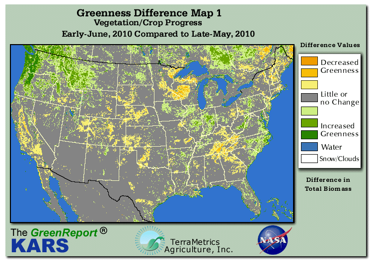 Color-coded U.S. vegetation greeness index map for Period 24 of 2010, illustrating spatial variations in plant vigor, with greener tones indicating higher biomass and browner tones indicating stressed vegetation,
              comparing current crop/vegetation change in biomass to the previous week within the same year.
