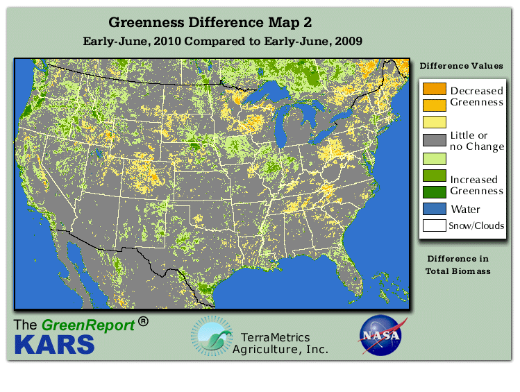 Color-coded U.S. vegetation greeness index map for Period 24 of 2010, illustrating spatial variations in plant vigor, with greener tones indicating higher biomass and browner tones indicating stressed vegetation,
              comparing current crop/vegetation change in biomass to same period from the previous year.