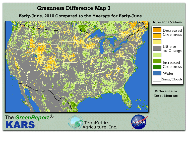 Color-coded U.S. vegetation greeness index map for Period 24 of 2010, illustrating spatial variations in plant vigor, with greener tones indicating higher biomass and browner tones indicating stressed vegetation,
              comparing current crop/vegetation change in biomass to the 20-year greenness average.