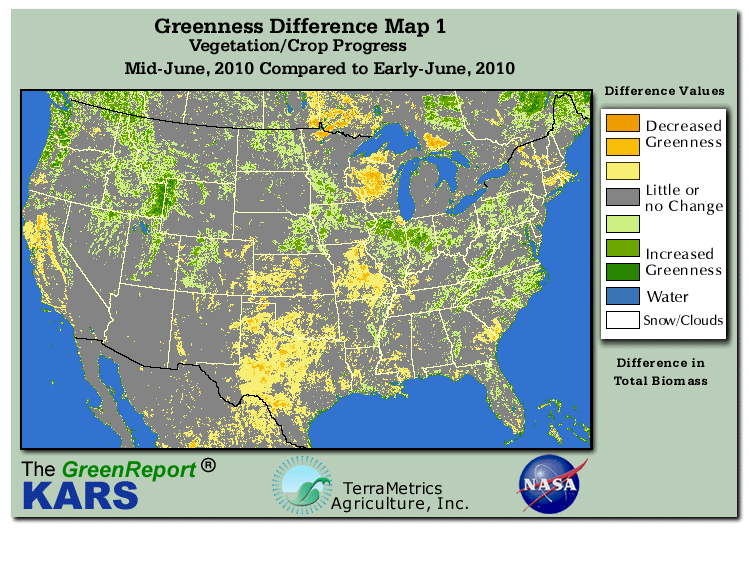 Color-coded U.S. vegetation greeness index map for Period 25 of 2010, illustrating spatial variations in plant vigor, with greener tones indicating higher biomass and browner tones indicating stressed vegetation,
              comparing current crop/vegetation change in biomass to the previous week within the same year.