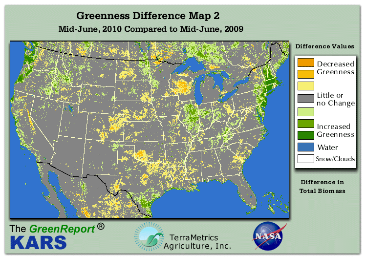 Color-coded U.S. vegetation greeness index map for Period 25 of 2010, illustrating spatial variations in plant vigor, with greener tones indicating higher biomass and browner tones indicating stressed vegetation,
              comparing current crop/vegetation change in biomass to same period from the previous year.