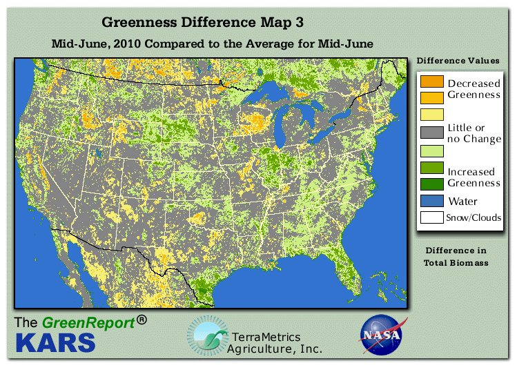 Color-coded U.S. vegetation greeness index map for Period 25 of 2010, illustrating spatial variations in plant vigor, with greener tones indicating higher biomass and browner tones indicating stressed vegetation,
              comparing current crop/vegetation change in biomass to the 20-year greenness average.