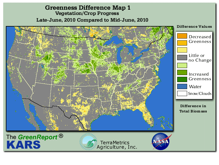 Color-coded U.S. vegetation greeness index map for Period 26 of 2010, illustrating spatial variations in plant vigor, with greener tones indicating higher biomass and browner tones indicating stressed vegetation,
              comparing current crop/vegetation change in biomass to the previous week within the same year.