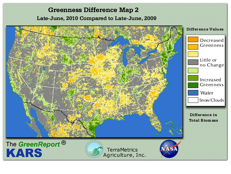 Color-coded U.S. vegetation greeness index map for Period 26 of 2010, illustrating spatial variations in plant vigor, with greener tones indicating higher biomass and browner tones indicating stressed vegetation,
              comparing current crop/vegetation change in biomass to same period from the previous year.