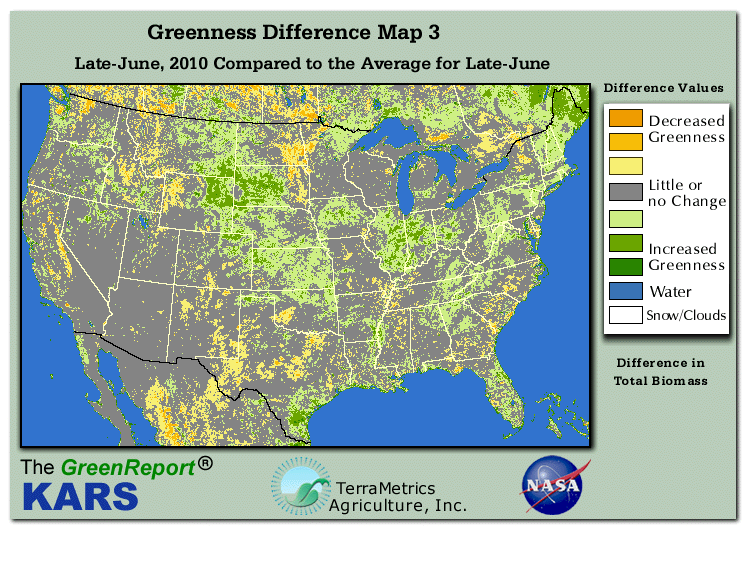 Color-coded U.S. vegetation greeness index map for Period 26 of 2010, illustrating spatial variations in plant vigor, with greener tones indicating higher biomass and browner tones indicating stressed vegetation,
              comparing current crop/vegetation change in biomass to the 20-year greenness average.