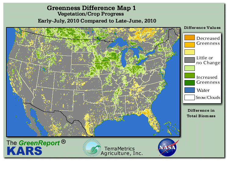 Color-coded U.S. vegetation greeness index map for Period 27 of 2010, illustrating spatial variations in plant vigor, with greener tones indicating higher biomass and browner tones indicating stressed vegetation,
              comparing current crop/vegetation change in biomass to the previous week within the same year.