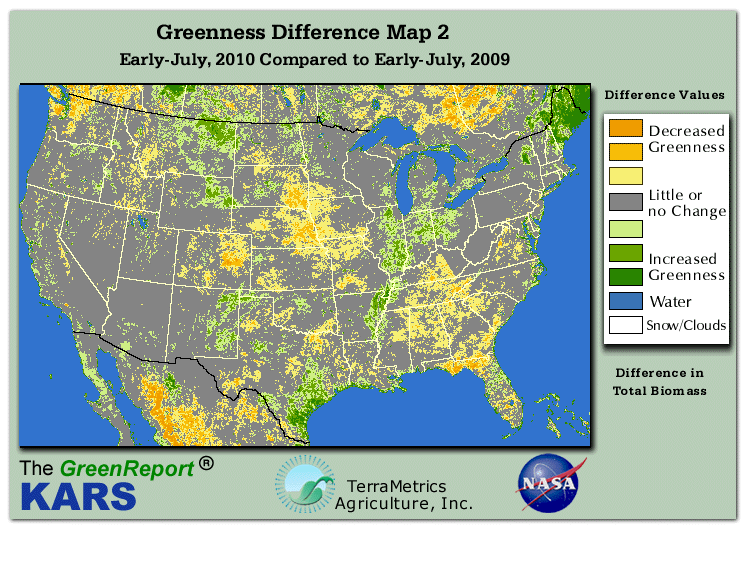 Color-coded U.S. vegetation greeness index map for Period 27 of 2010, illustrating spatial variations in plant vigor, with greener tones indicating higher biomass and browner tones indicating stressed vegetation,
              comparing current crop/vegetation change in biomass to same period from the previous year.
