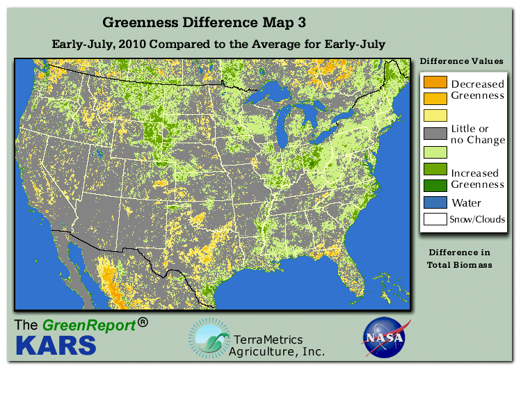 Color-coded U.S. vegetation greeness index map for Period 27 of 2010, illustrating spatial variations in plant vigor, with greener tones indicating higher biomass and browner tones indicating stressed vegetation,
              comparing current crop/vegetation change in biomass to the 20-year greenness average.