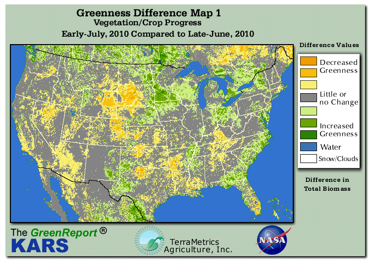 Color-coded U.S. vegetation greeness index map for Period 28 of 2010, illustrating spatial variations in plant vigor, with greener tones indicating higher biomass and browner tones indicating stressed vegetation,
              comparing current crop/vegetation change in biomass to the previous week within the same year.