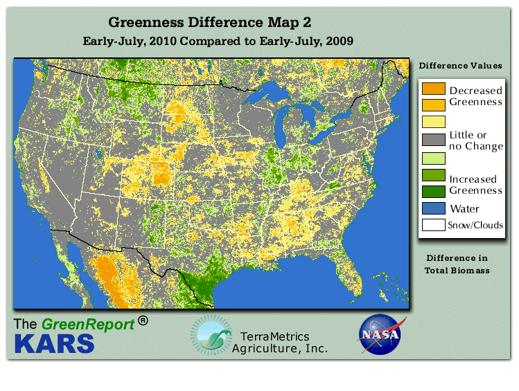 Color-coded U.S. vegetation greeness index map for Period 28 of 2010, illustrating spatial variations in plant vigor, with greener tones indicating higher biomass and browner tones indicating stressed vegetation,
              comparing current crop/vegetation change in biomass to same period from the previous year.