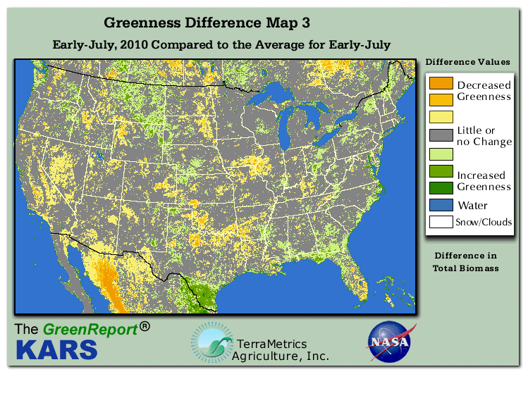 Color-coded U.S. vegetation greeness index map for Period 28 of 2010, illustrating spatial variations in plant vigor, with greener tones indicating higher biomass and browner tones indicating stressed vegetation,
              comparing current crop/vegetation change in biomass to the 20-year greenness average.