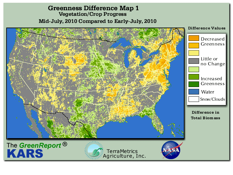 Color-coded U.S. vegetation greeness index map for Period 29 of 2010, illustrating spatial variations in plant vigor, with greener tones indicating higher biomass and browner tones indicating stressed vegetation,
              comparing current crop/vegetation change in biomass to the previous week within the same year.