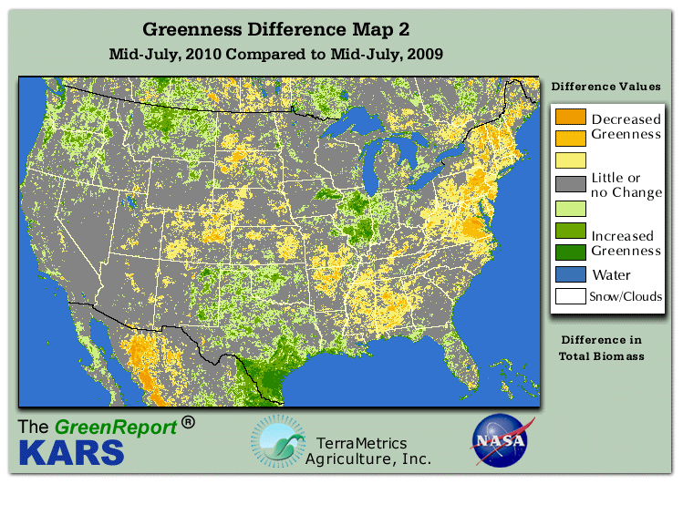Color-coded U.S. vegetation greeness index map for Period 29 of 2010, illustrating spatial variations in plant vigor, with greener tones indicating higher biomass and browner tones indicating stressed vegetation,
              comparing current crop/vegetation change in biomass to same period from the previous year.