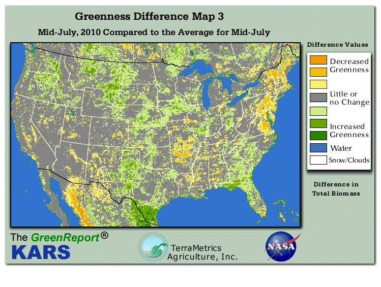 Color-coded U.S. vegetation greeness index map for Period 29 of 2010, illustrating spatial variations in plant vigor, with greener tones indicating higher biomass and browner tones indicating stressed vegetation,
              comparing current crop/vegetation change in biomass to the 20-year greenness average.