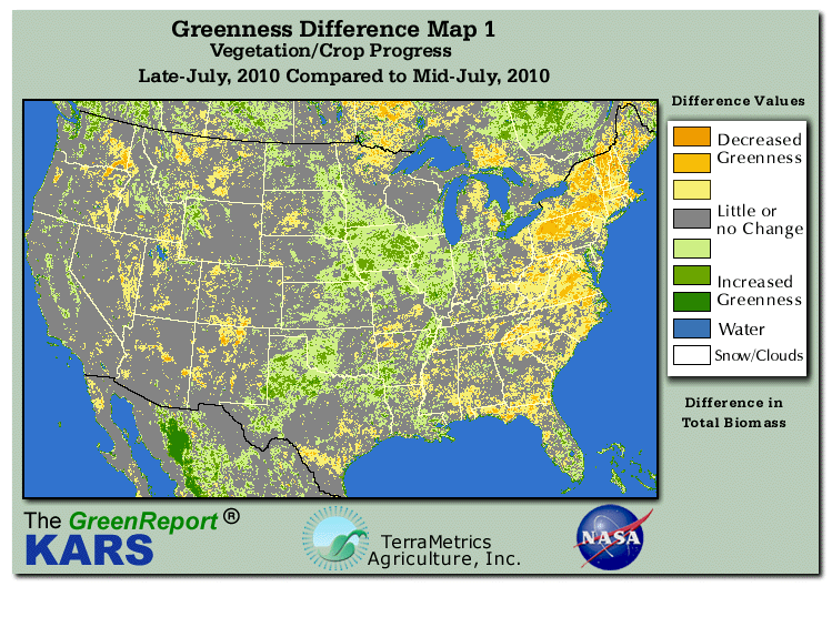 Color-coded U.S. vegetation greeness index map for Period 30 of 2010, illustrating spatial variations in plant vigor, with greener tones indicating higher biomass and browner tones indicating stressed vegetation,
              comparing current crop/vegetation change in biomass to the previous week within the same year.