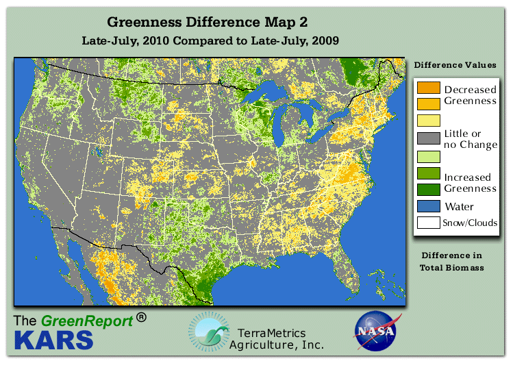 Color-coded U.S. vegetation greeness index map for Period 30 of 2010, illustrating spatial variations in plant vigor, with greener tones indicating higher biomass and browner tones indicating stressed vegetation,
              comparing current crop/vegetation change in biomass to same period from the previous year.