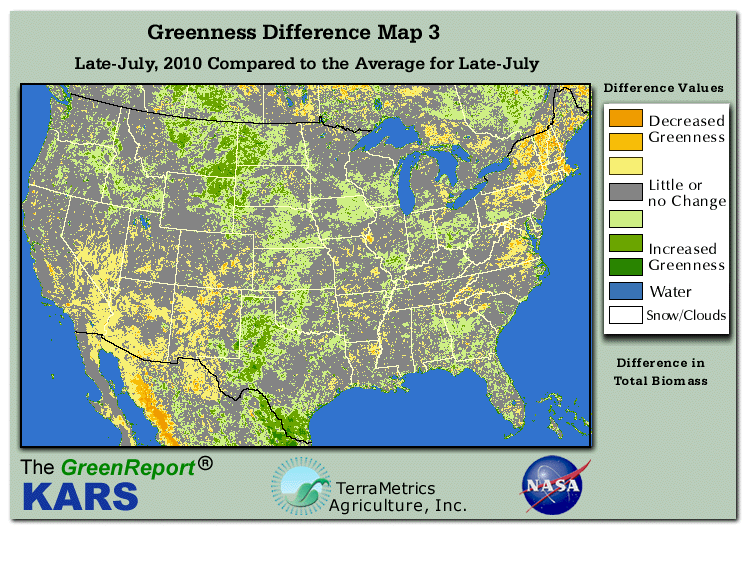 Color-coded U.S. vegetation greeness index map for Period 30 of 2010, illustrating spatial variations in plant vigor, with greener tones indicating higher biomass and browner tones indicating stressed vegetation,
              comparing current crop/vegetation change in biomass to the 20-year greenness average.