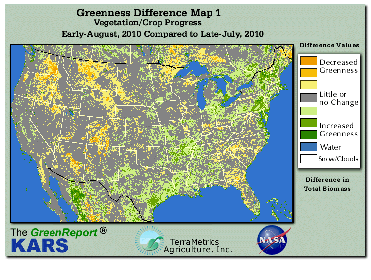 Color-coded U.S. vegetation greeness index map for Period 31 of 2010, illustrating spatial variations in plant vigor, with greener tones indicating higher biomass and browner tones indicating stressed vegetation,
              comparing current crop/vegetation change in biomass to the previous week within the same year.
