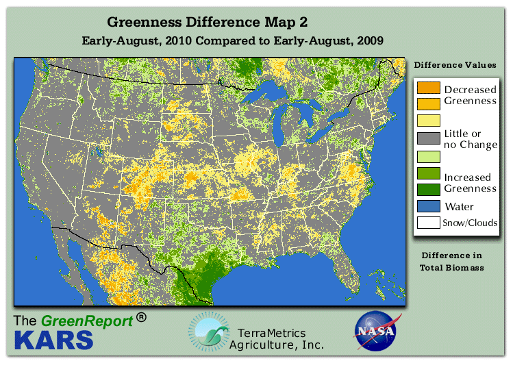 Color-coded U.S. vegetation greeness index map for Period 31 of 2010, illustrating spatial variations in plant vigor, with greener tones indicating higher biomass and browner tones indicating stressed vegetation,
              comparing current crop/vegetation change in biomass to same period from the previous year.