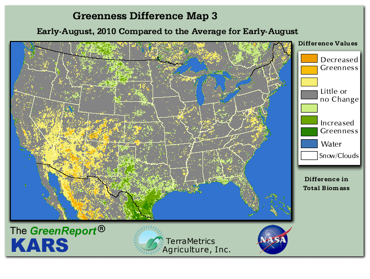 Color-coded U.S. vegetation greeness index map for Period 31 of 2010, illustrating spatial variations in plant vigor, with greener tones indicating higher biomass and browner tones indicating stressed vegetation,
              comparing current crop/vegetation change in biomass to the 20-year greenness average.