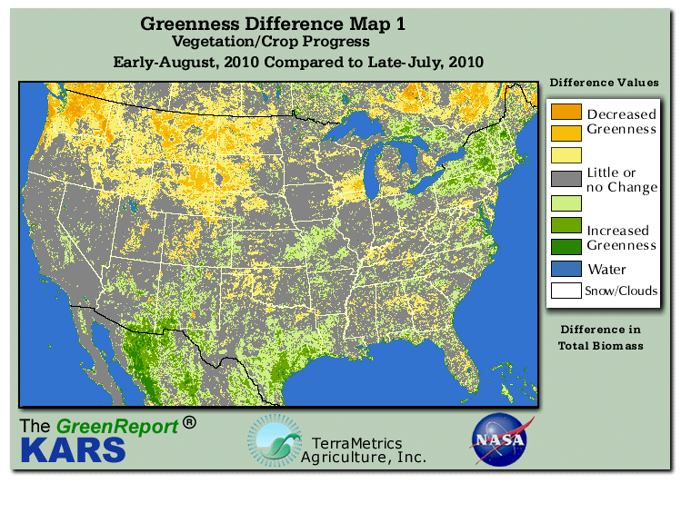Color-coded U.S. vegetation greeness index map for Period 32 of 2010, illustrating spatial variations in plant vigor, with greener tones indicating higher biomass and browner tones indicating stressed vegetation,
              comparing current crop/vegetation change in biomass to the previous week within the same year.