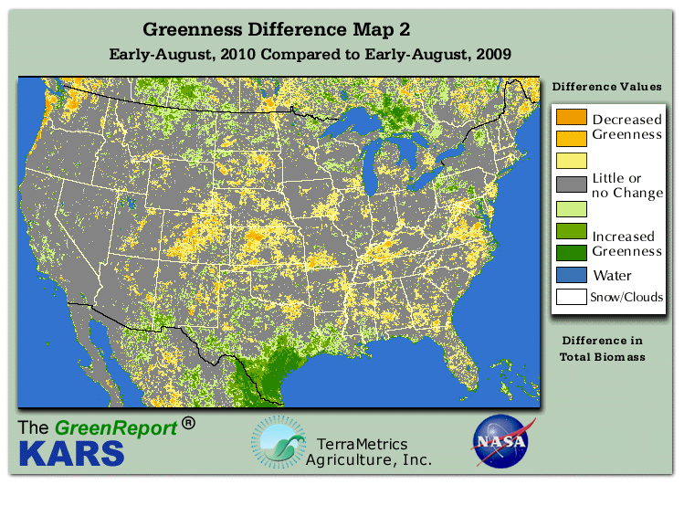 Color-coded U.S. vegetation greeness index map for Period 32 of 2010, illustrating spatial variations in plant vigor, with greener tones indicating higher biomass and browner tones indicating stressed vegetation,
              comparing current crop/vegetation change in biomass to same period from the previous year.