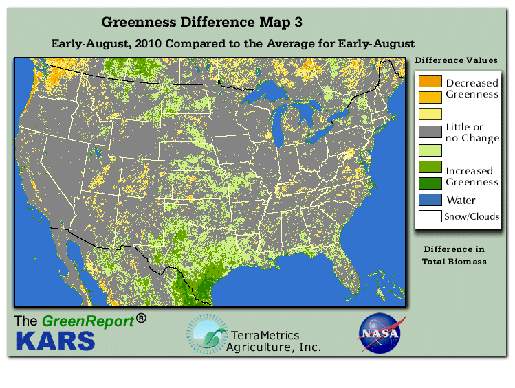 Color-coded U.S. vegetation greeness index map for Period 32 of 2010, illustrating spatial variations in plant vigor, with greener tones indicating higher biomass and browner tones indicating stressed vegetation,
              comparing current crop/vegetation change in biomass to the 20-year greenness average.