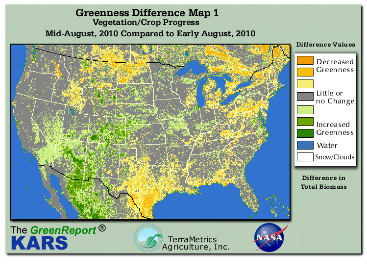 Color-coded U.S. vegetation greeness index map for Period 33 of 2010, illustrating spatial variations in plant vigor, with greener tones indicating higher biomass and browner tones indicating stressed vegetation,
              comparing current crop/vegetation change in biomass to the previous week within the same year.