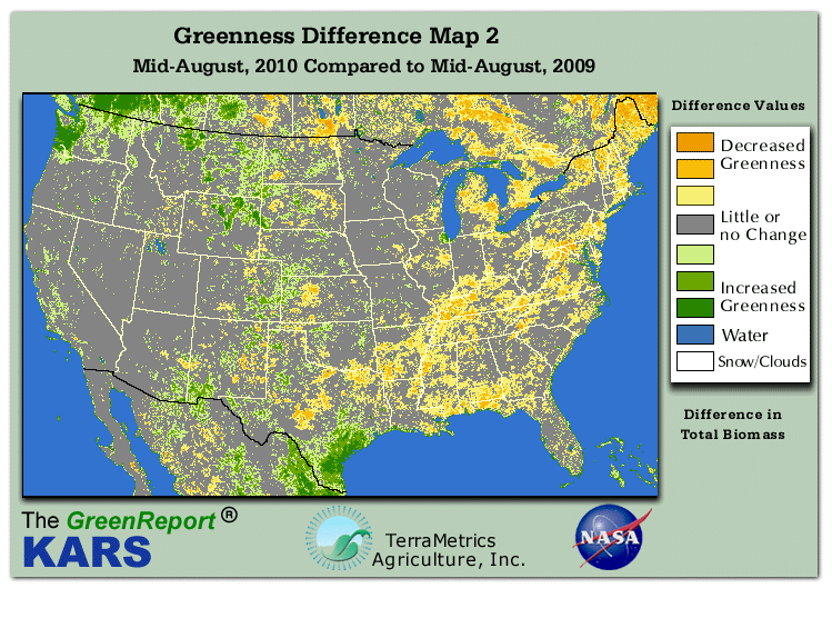 Color-coded U.S. vegetation greeness index map for Period 33 of 2010, illustrating spatial variations in plant vigor, with greener tones indicating higher biomass and browner tones indicating stressed vegetation,
              comparing current crop/vegetation change in biomass to same period from the previous year.